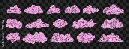 Dreamy pink crayon clouds with stars. Enchanting night sky elements for nursery or storybook art. Vector illustration.