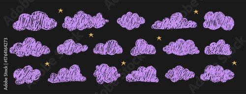 Violet crayon clouds with stars. Magical night sky doodles for fairy tale books or wall art. Vector illustration.