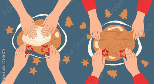 Baking cookies together hands working with dough and cutters.