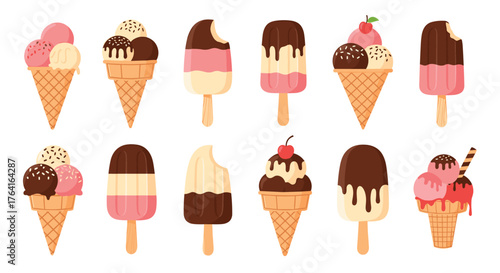 Variety of delicious ice cream cones and popsicles summer treats.