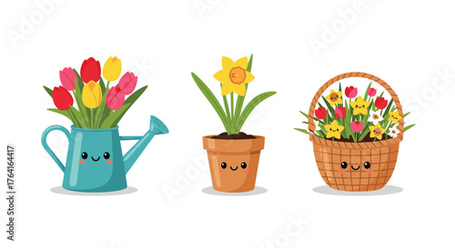 Colorful flowers in pots and watering can spring season.