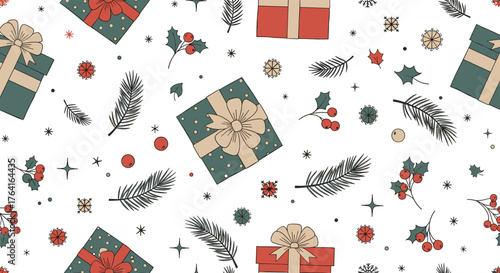 Festive Gift Boxes and Decorations on White Background.