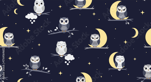 Cute owls perched on branches under the starry night sky.