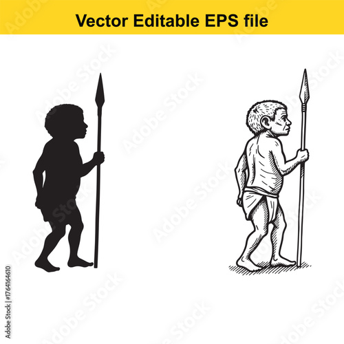 Vector art of caveman child with spear, silhouette and illustration