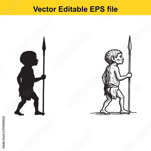 Vector art of caveman child with spear, silhouette and illustration