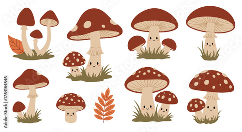 Cute cartoon mushrooms collection on white background.
