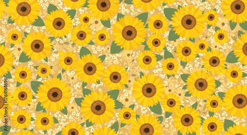 Vibrant sunflowers bloom in a sunny field creating a beautiful floral pattern.