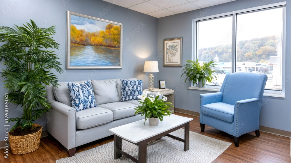 Fototapeta premium Comfortable waiting room offering welcoming, modern home furnishings
