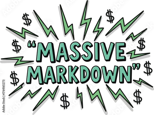 Massive markdown text surrounded by dollar signs and lightning bolts on a transparent background design element