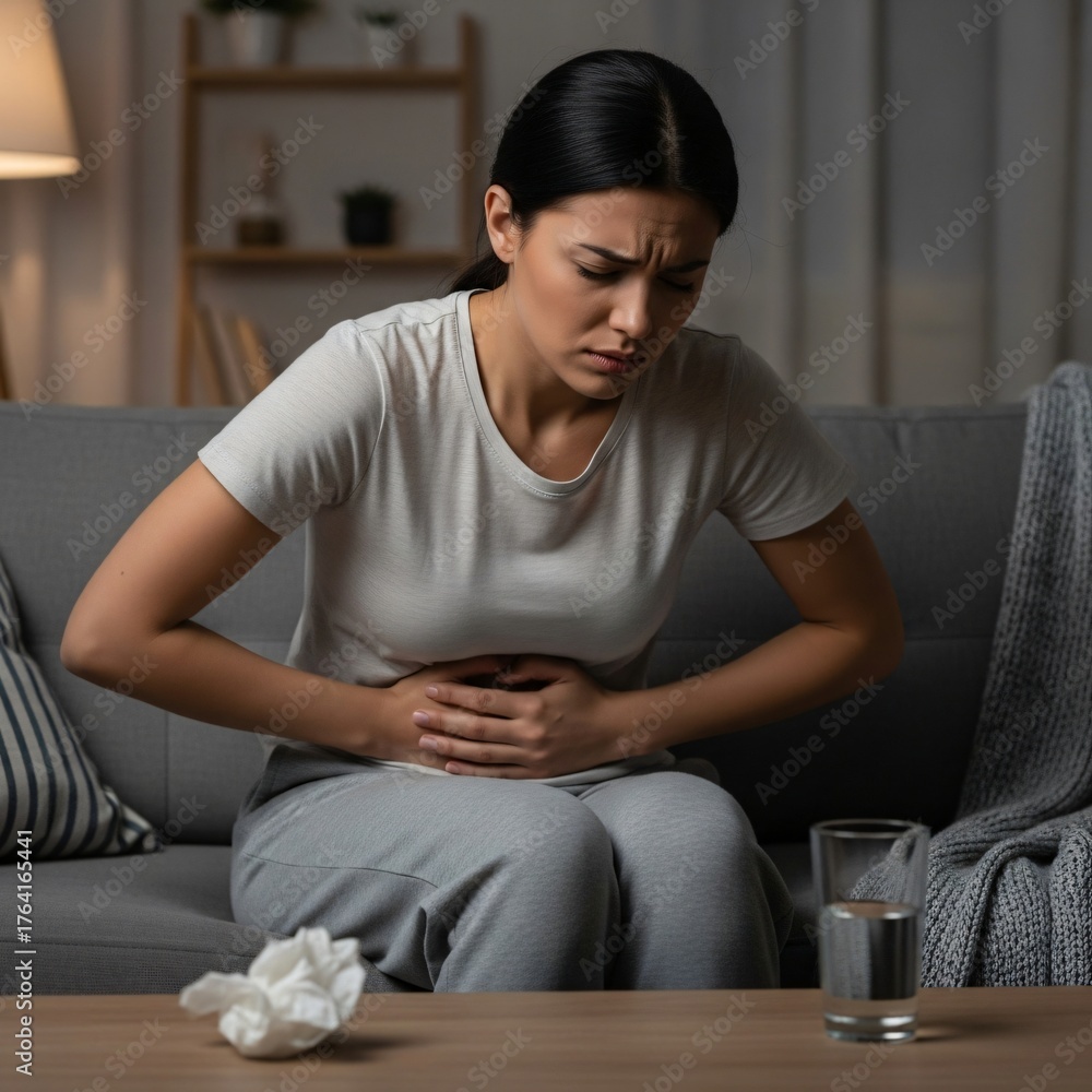 Obraz premium Young woman experiencing stomach pain while sitting on a couch with a glass of water