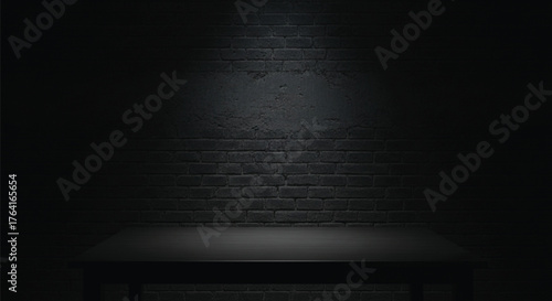 Dark Room with Empty Black Table and Spotlight on Brick Wall Background