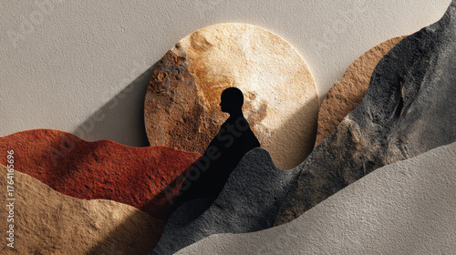 Centered silhouette contemplates in desert landscape, feeling profound solitude, an abstract representation of psychologist centered world, vast and surreal vista