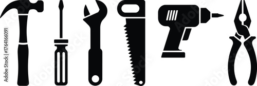 Collection of black silhouette hand tools for construction and repair work