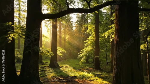 Slow aerial glide through an ancient, sun-dappled forest with towering trees on a clear morning natural, majesty, environment