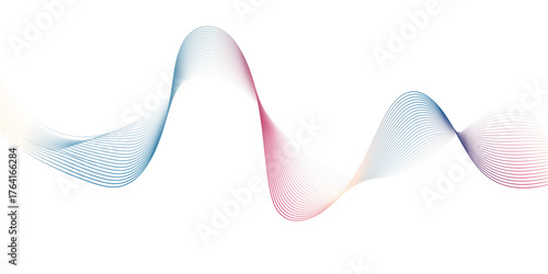 Elegant colorful wave line flowing smoothly on white background, creating a soft gradient blend of blue, pink, and light tones. Minimal abstract design, perfect for modern digital art or backgrounds.