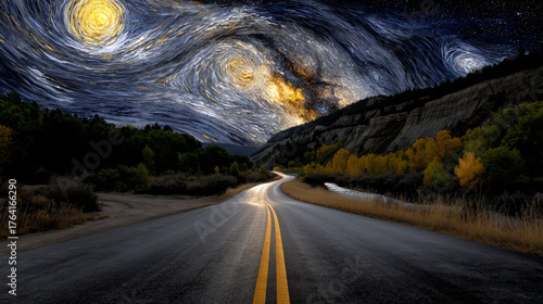 Landscape shows road under majestic starry night, creating sense of wonder and awe. It invites viewers to embark on journey through this surreal landscape