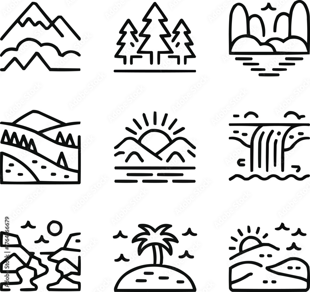 Fototapeta premium Natural Landscape Outline Icon Set Mountains, Trees, Lakes, and Outdoor Scenery