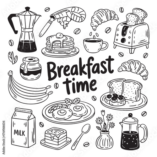 Black and white hand drawn breakfast food and drinks illustration drawing