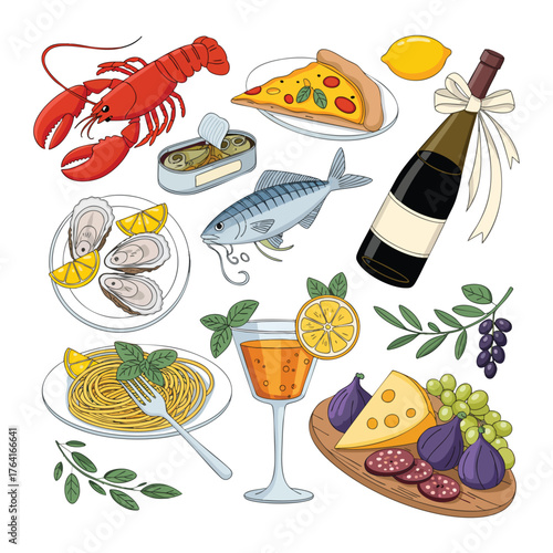 Assorted food and drink items including lobster pizza oysters spaghetti cocktail and cheese board