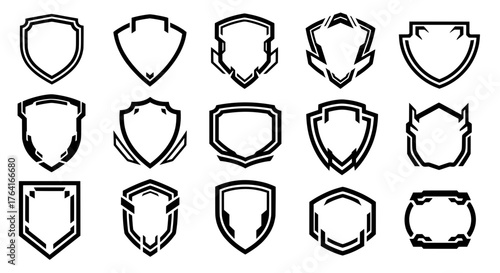 A diverse collection of futuristic and modern shield outlines. Black geometric vector shapes perfect for gaming logos, esports team emblems, or tech badges.