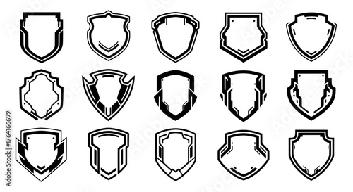 Set of various futuristic shield outline icons. These black geometric vector shapes are ideal for designing gaming clan logos, esports emblems, or modern tech badges.