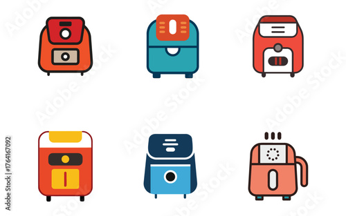 Air Fryer Collection Vector Icons for Modern Cooking Appliances and Kitchen Gadgets Concept