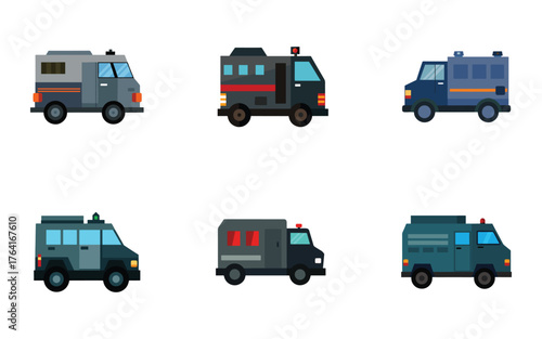 Armored Transport Vehicles Illustration Collection Various Designs and Colors For Security Services And Law Enforcement