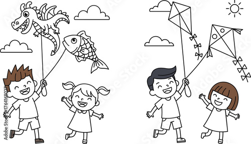 Happy children flying kites together vector illustration, joyful kids playing outdoors under sunny sky, cute cartoon style design for summer fun and happiness concept