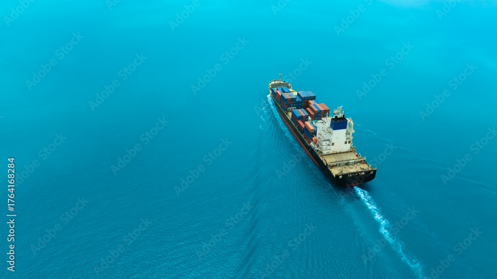 Naklejka premium Aerial view of the freight shipping transport system cargo ship container. international transportation Export-import business, logistics, transportation industry concepts 