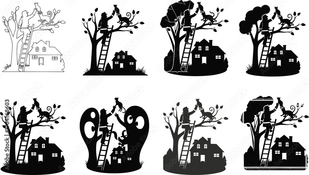 Fototapeta premium Silhouette man rescuing cat from tree near house, black and white vector illustration, pet rescue concept, heroic outdoor neighborhood scene design
