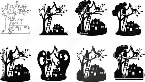 Silhouette man rescuing cat from tree near house, black and white vector illustration, pet rescue concept, heroic outdoor neighborhood scene design