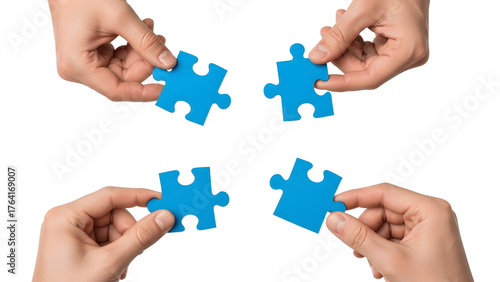 Four hands holding blue puzzle pieces isolated on transparent background