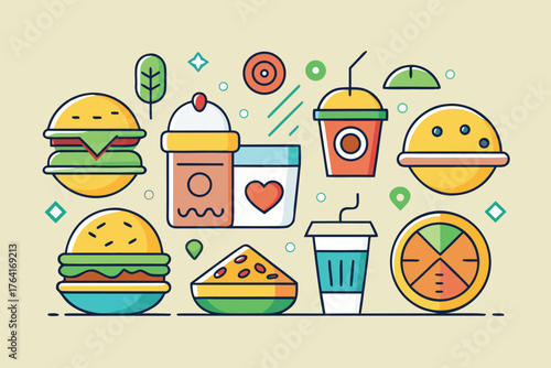 Whimsical Fast Food Icons Collection Featuring Burgers, Pizza, Fries, Sodas and Smoothie Cup Illustrations