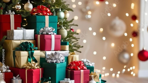 Beautiful decorated Christmas tree and many gifts under it in festive room interior. Lights in garland indoor. Xmas celebration at home concept. Card with copy space