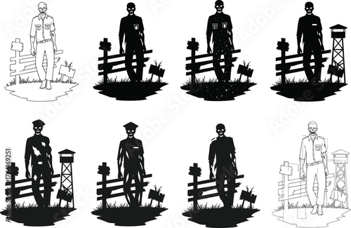 six different style illustration and white background, zombie prisoner silhouette vector, undead inmate near prison fence, horror jail theme, apocalypse character design, dark creepy artwork