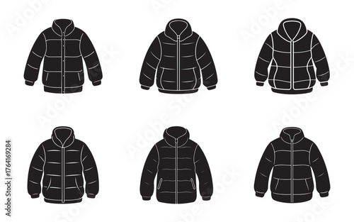 Black Winter Puffer Jacket Set Illustrations Vector Icons with Variety of Styles for Fashion and Apparel Design Projects