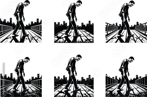 six different style illustration and white background, zombie walking on city bridge silhouette vector, undead urban horror concept, dark apocalypse art, creepy night design