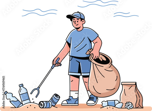 Join the cleanup crew young volunteer collecting trash on beach with picker and bag promotes environmental responsibility and sustainability