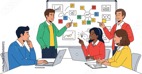 Diverse team brainstorming innovative ideas during a dynamic business meeting in a modern office, collaborating on strategy and growth