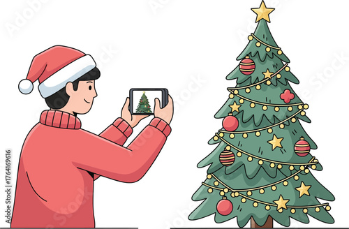 Capturing Christmas memories a man with a Santa hat takes a photo of decorated tree with his phone for social media sharing