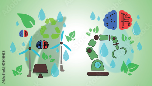 Robotic arm and wind turbines symbolize the fusion of technology and sustainability for a greener future, highlighting innovation and environmental consciousness.