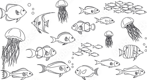 Engaging coloring page featuring a school of fish and jellyfish for creative ocean themed activities and underwater fun