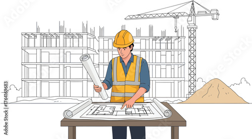 Experienced architect reviewing building blueprints at construction site overseeing project progress and ensuring successful delivery