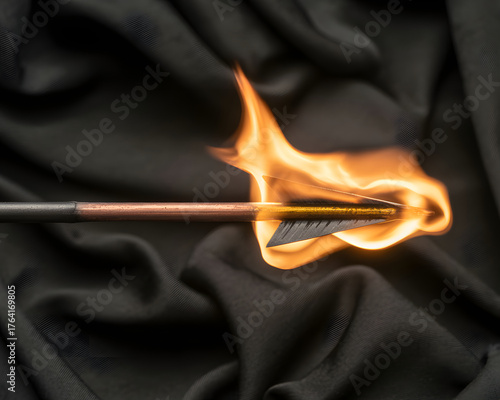 Dynamic flaming arrow launching forward with intense fire against dark textured background symbolizing power and progress