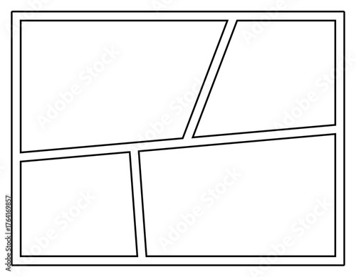 Black and white vector comic book page layout template with five different empty panels. Clean and versatile graphic element for comic art, graphic novels, cartoons, and visual storytelling projects. 