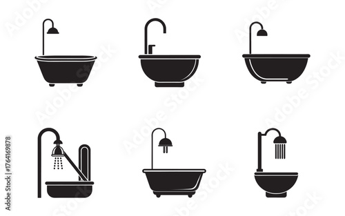 Collection of Bathtub and Shower Icons Black and White Interior Design Plumbing Fixtures for Bathroom Remodeling or Construction Projects
