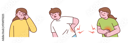 Illustration of people feeling pain in different body parts — eye, back, and stomach — expressing discomfort and illness.