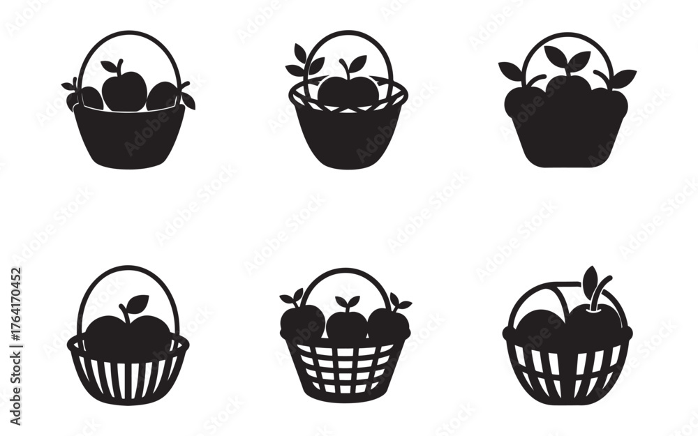 Fototapeta premium Collection of Black Apple Basket Silhouettes for Harvest and Market Designs Minimalist Icons