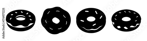 Four abstract black donuts with distinct hole patterns on a light background a bakery treat