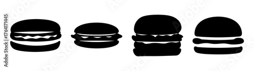 Collection of stylized dark burgers with simple layers presented in a row horizontally